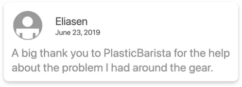 Comment by Eliasen thanking PlasticBarista for help with gear issue, dated June 23, 2019.