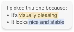Text with phrases visually pleasing and nice and stable highlighted.