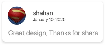 User comment with avatar showing Superman logo, username shahan, date January 10, 2020, and text: Great design, Thanks for share.