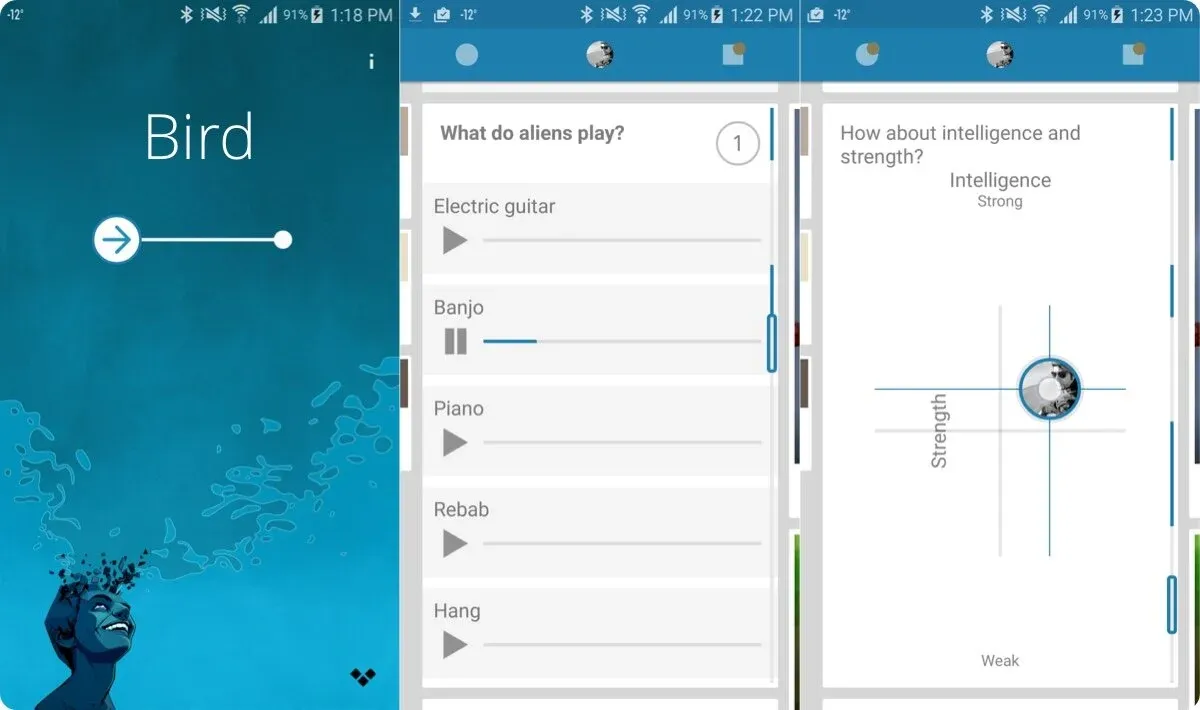 Screens from the Bird Android app