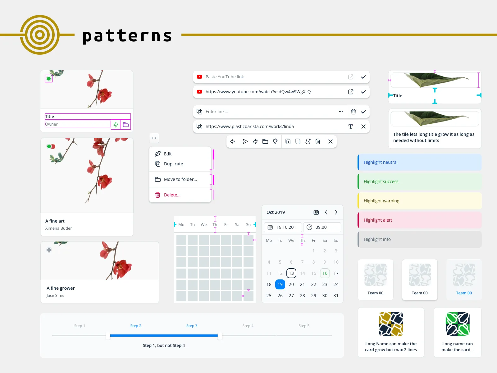 Patterns — repeatable design patterns that can be overridden with small details