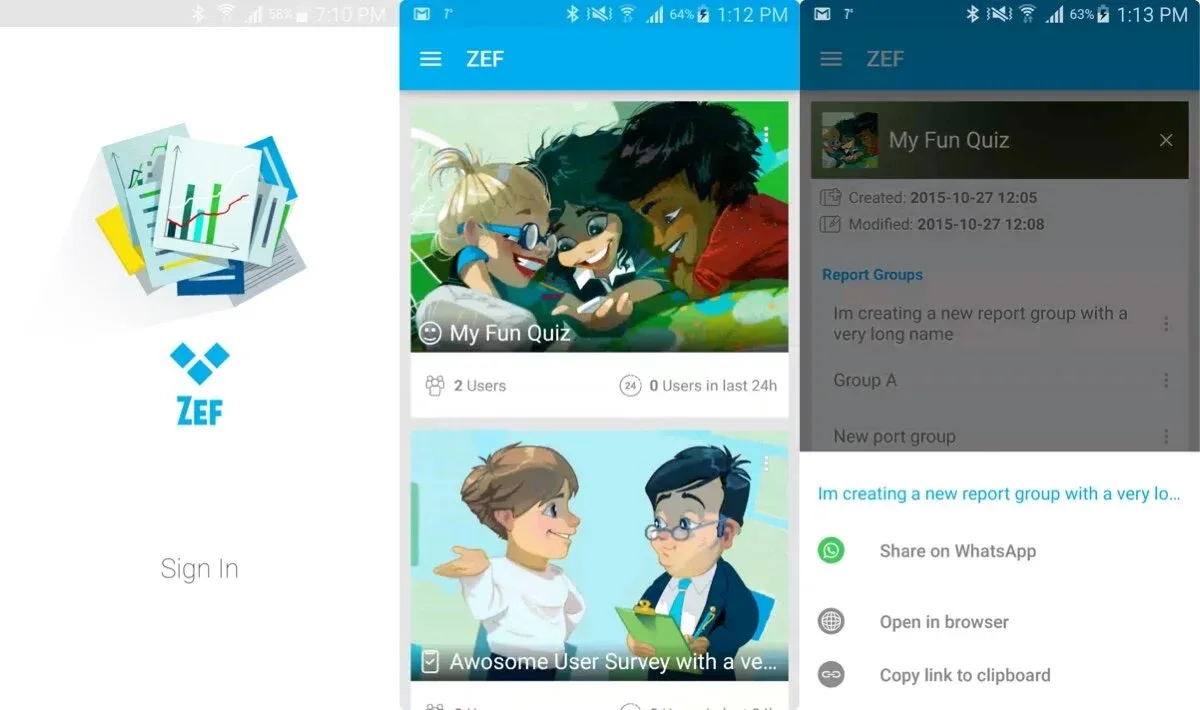 ZEF Reports mobile app screens
