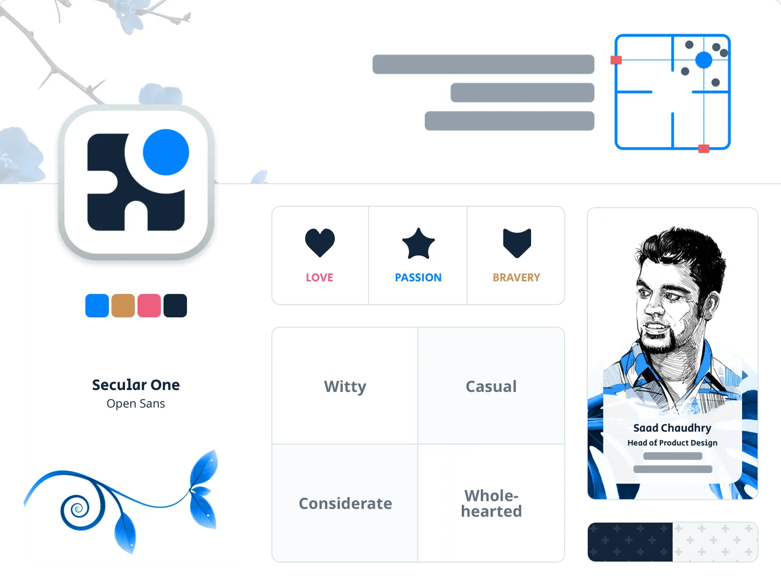 Brand essence board showing the core visual and strategic identity of the SaaS product