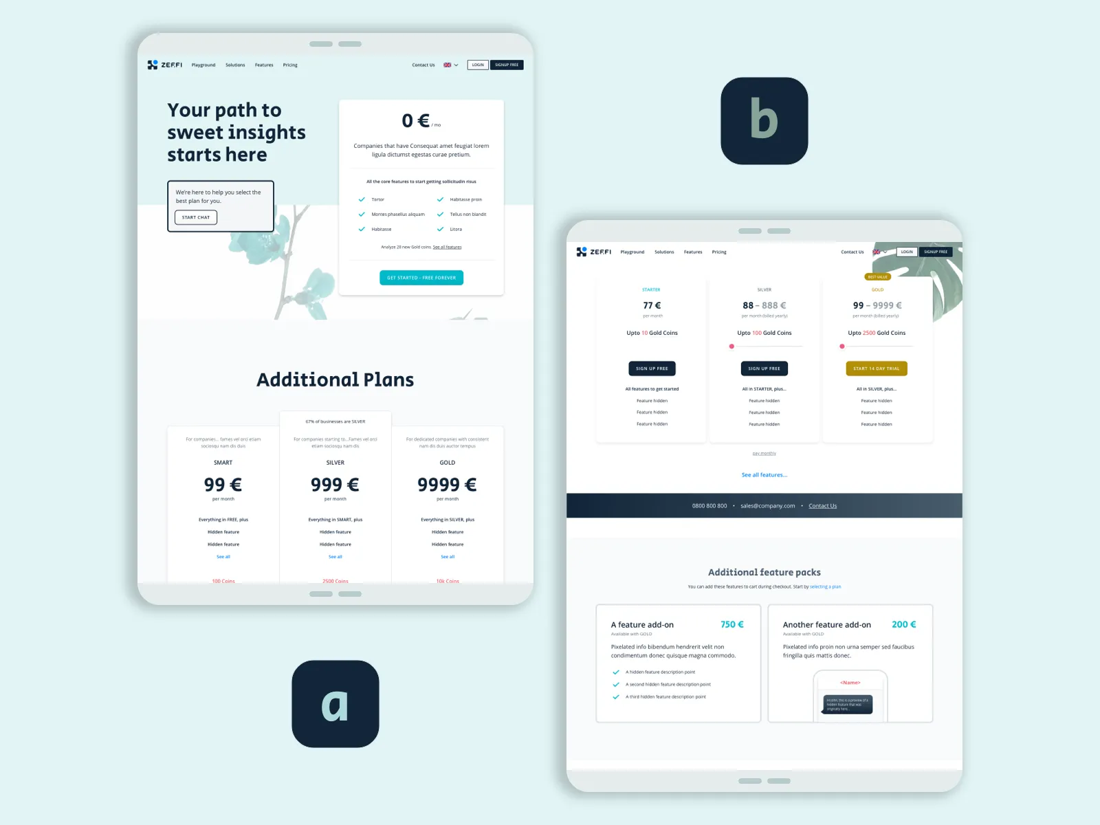 A/B testing screens for the Zeffi website redesign