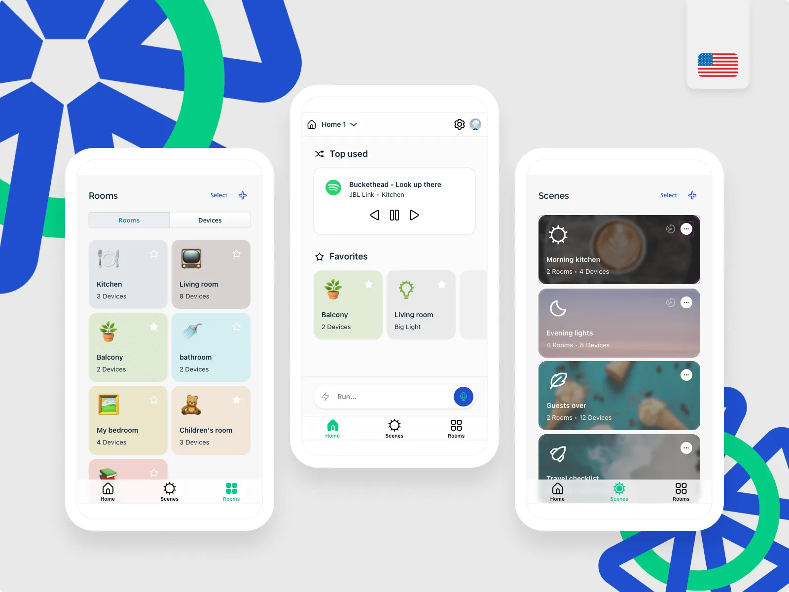 Integrated smart home app showing device management and onboarding flows