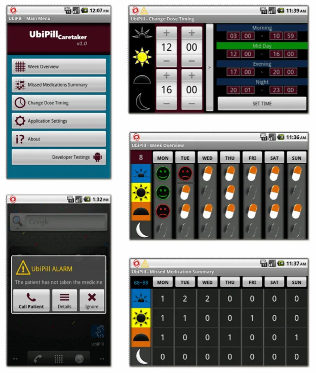 UbiPill Android app screens